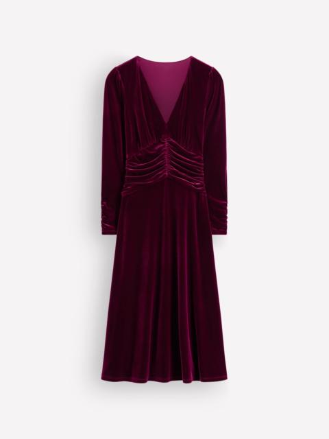 BODEN Mya Ruched Velvet Midi Dress-Beetroot Red