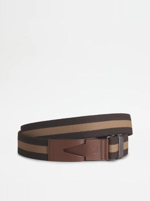 Tod's BELT IN CANVAS AND LEATHER - BROWN, BEIGE