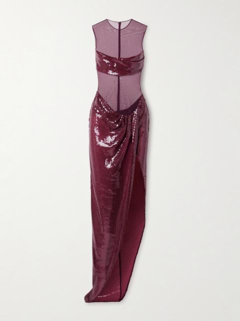 ALEX PERRY Asymmetric Paneled Draped Sequined Tulle Gown