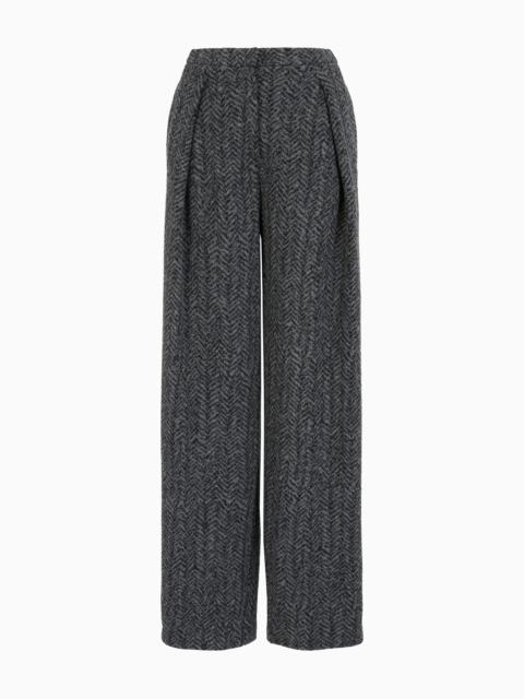 Trousers with pleats, in a wool-blend chevron-motif jacquard