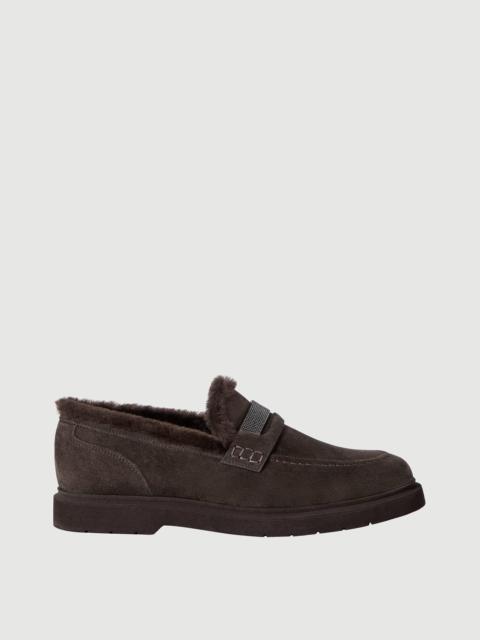 Brunello Cucinelli Suede penny loafers with shearling lining and precious insert