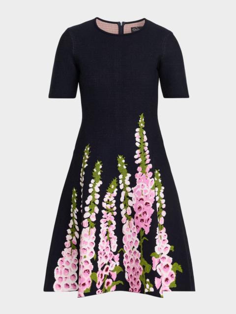 Oscar de la Renta Foxglove Jacquard Knit Short-Sleeve Mini Dress