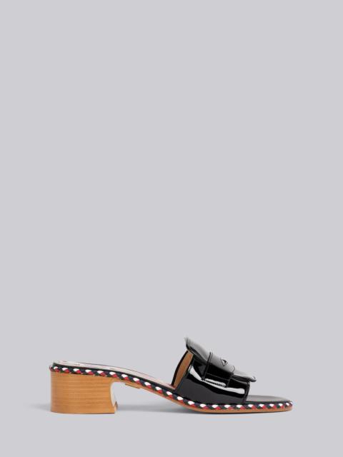 Thom Browne Black Soft Patent Leather Stripe Cord Trimmed Leather Sole 40mm Block Heel Chic Loafer Sandal