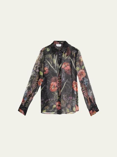 Alexander McQueen Floral-Print Silk Organza Collared Blouse