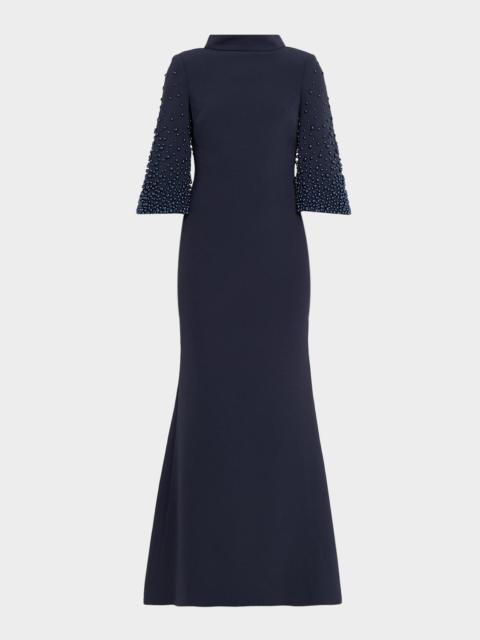 BADGLEY MISCHKA Beaded Funnel-Neck Crepe Trumpet Gown