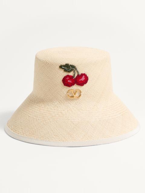 Valentino VLOGO SIGNATURE STRAW BUCKET HAT WITH LEATHER TRIM AND CHERRYFIC EMBROIDERY