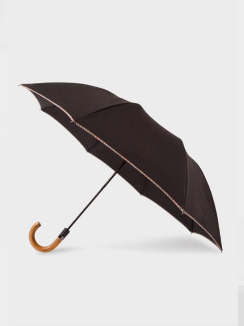 Paul Smith Black 'Signature Stripe' Border Compact Umbrella With Crook Wooden Handle