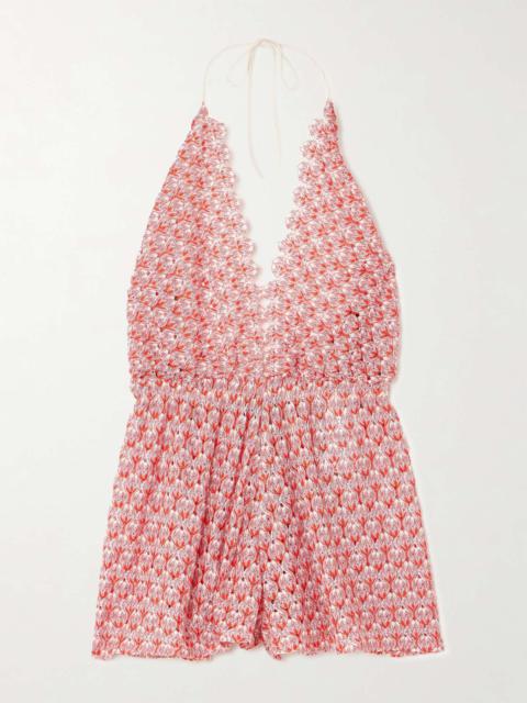 Metallic crochet-knit halterneck playsuit Red