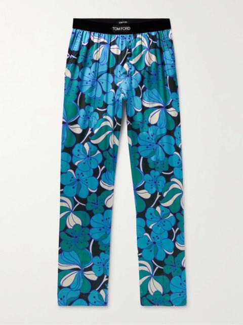 Straight-Leg Velvet-Trimmed Printed Stretch-Silk Pyjama Trousers