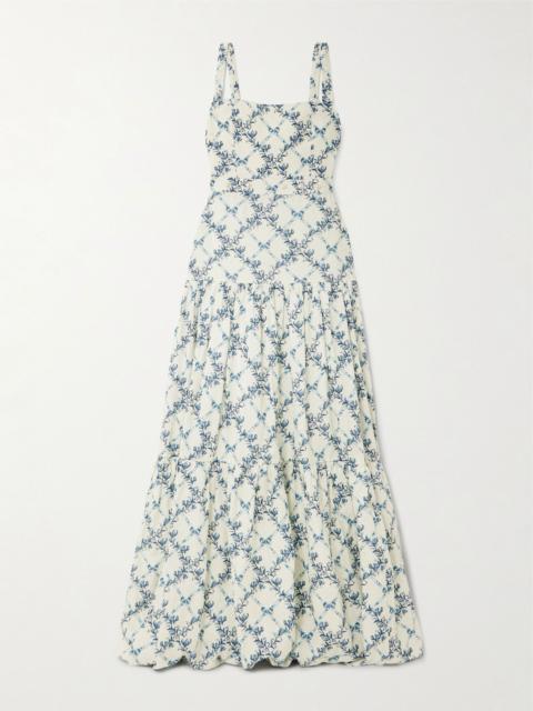 Agua by Agua Bendita Lima Gloriosa tiered faux pearl-embellished printed linen maxi dress Off-white