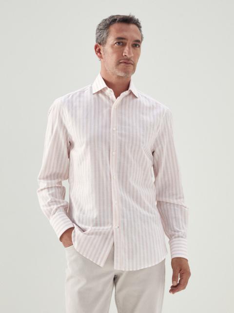 Brunello Cucinelli Striped cotton and linen slim fit shirt with spread collar