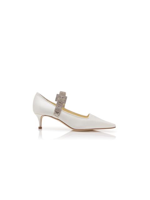 Manolo Blahnik Light Cream Satin Crystal Embellished Strap Pumps