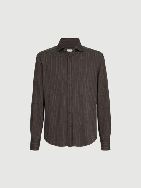 Brunello Cucinelli Virgin wool, silk and cotton chalk stripe piqué shirt with spead collar