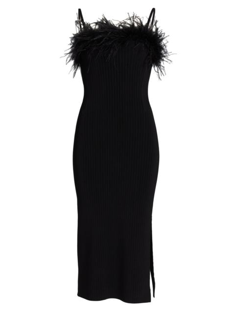 MILLY Women's Robena Feather-Trimmed Ribbed Midi-Dress - Black
