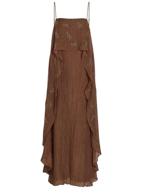 STAUD Staud Valencia Bead-embellished Crinkled Plissé Midi Dress