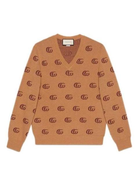 Gucci Double G Jacquard Wool V-Neck Sweater 'Camel Brown' 645292-XKBPF-8011