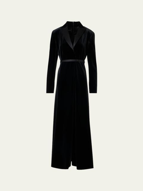 AKRIS Satin-Lapel Belted Velvet Midi Tuxedo Dress