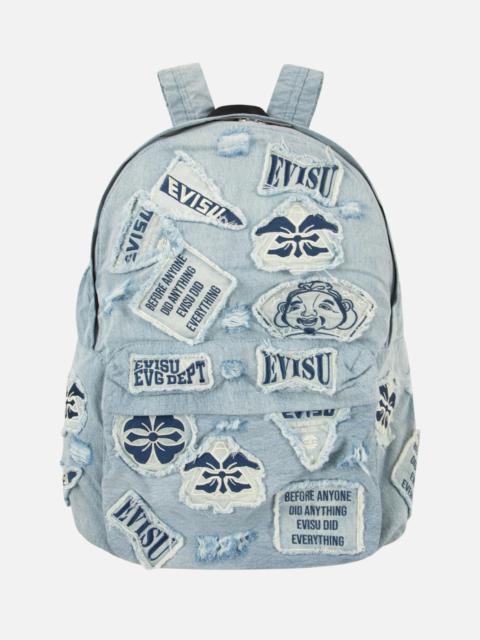 EVISU MULTIPLE DISTRESSED APPLIQUÉS DENIM BACKPACK