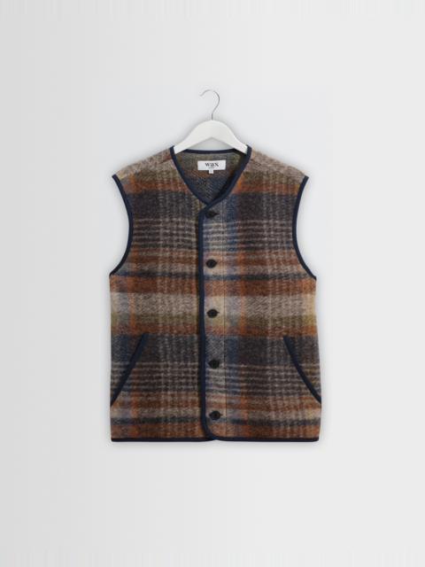 Wax London Gower - Oatmeal And Multicolour Check Wool Gilet
