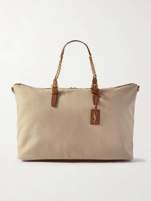 Chain embellished leather-trimmed canvas weekend bag
