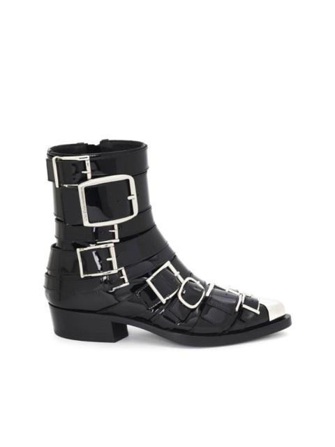 buckled patent ankle boots