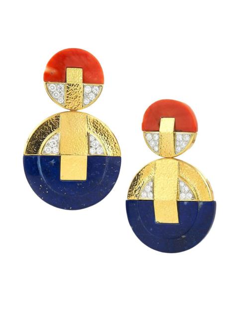 DAVID WEBB Lapis Coral Diamond Discus Earrings