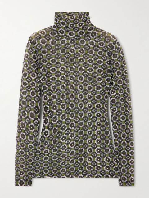 Dries Van Noten Printed stretch-mesh turtleneck top Green