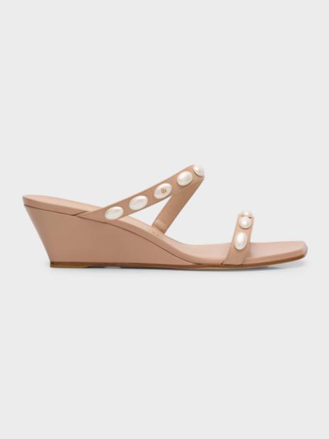 Stuart Weitzman Pearlita Leather Two-Band Wedge Sandals