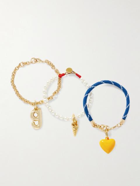 ROXANNE ASSOULIN The Happy Heart Trio Set Of Three Gold-tone, Cord, Faux Pearl And Enamel Bracelets