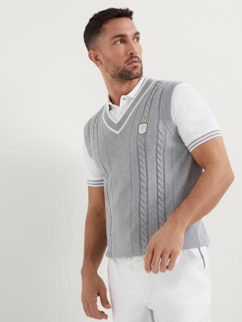 Cotton cable knit vest with tennis badge