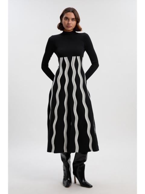 KAREN MILLEN Contrast Wave Knit A-Line Knitted Long Sleeve Dress