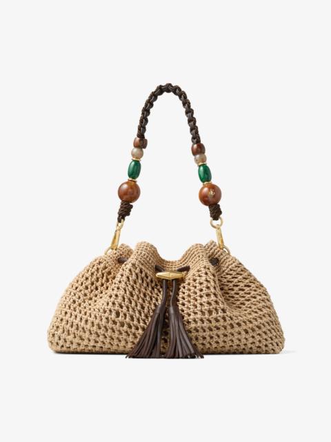 JIMMY CHOO Cinch Medium Natural and Chocolate Crochet Raffia Shoulder Bag with Braided Strap