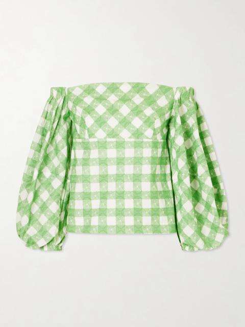 ROSIE ASSOULIN Empire Balloon Off-the-shoulder Checked Cotton Blouse