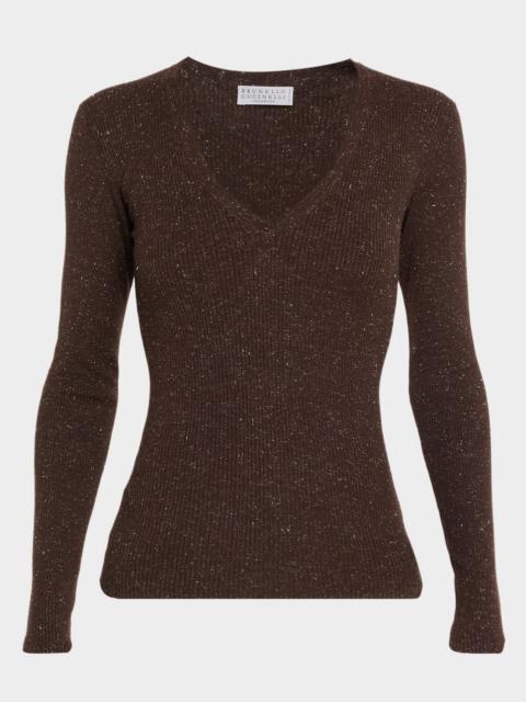Brunello Cucinelli Shimmering Cashmere Rib V-Neck Fitted Sweater