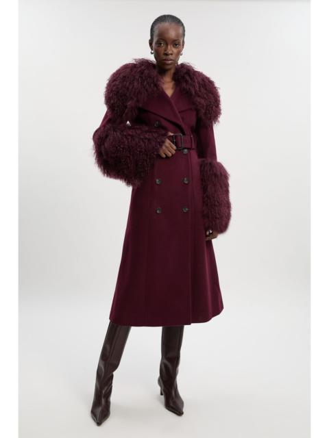 KAREN MILLEN Brushed Wool & Shearling Tailored Double Breasted Belted Midi Coat