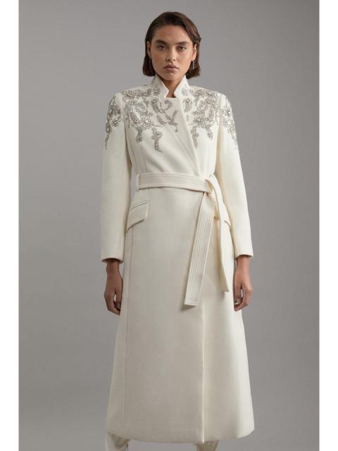 KAREN MILLEN Wool Crystal Embellished Notch Neck Belted Maxi Coat