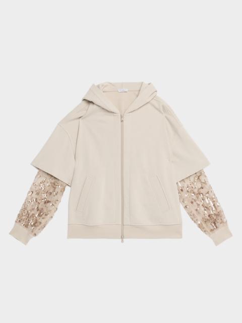 Brunello Cucinelli Hooded Zip Jacket with Sheer Sequined Raindrop Sleeves