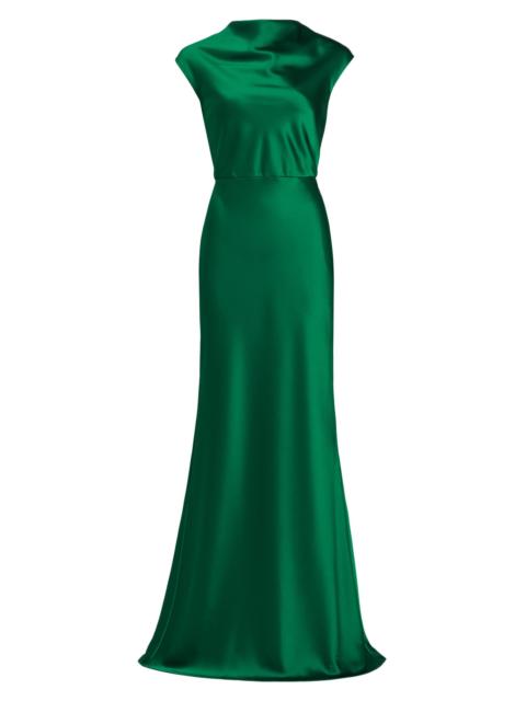 AMSALE Women's Satin High Cowlneck A-Line Gown - Emerald