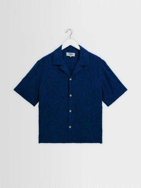 Wax London Curzon - Blue Jacquard Viscose Short-Sleeve Shirt