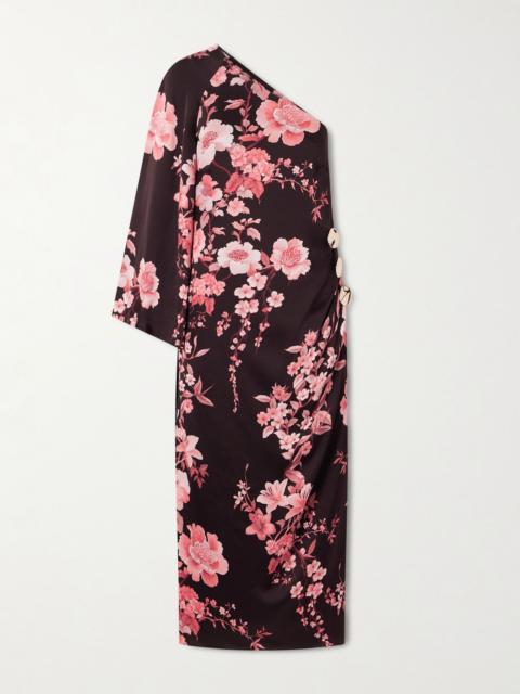 BORGO DE NOR Atlantis one-sleeve embellished printed satin midi dress Purple
