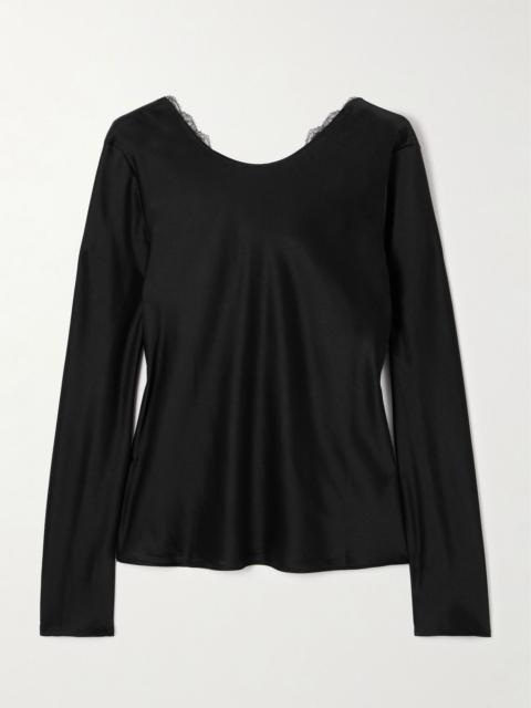 LESET Barb draped lace-trimmed satin blouse Black