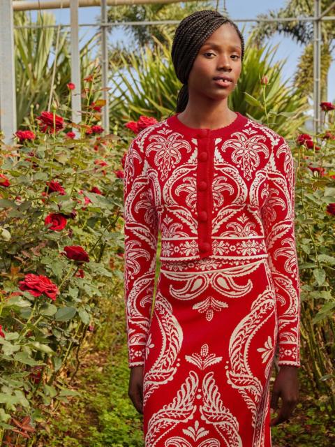 FARM RIO Red Tropical Jacquard Knit Cardigan