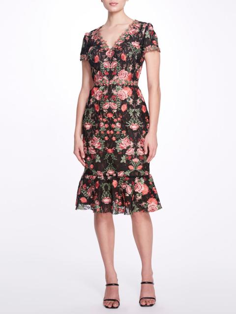 Marchesa EMBROIDERED GUIPURE V-NECK COCKTAIL
