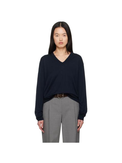 AURALEE Navy Product Dyed Wool Knit V-Neck Sweater