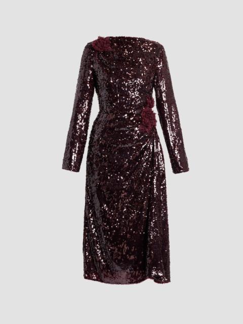 Erdem FLORAL APPLIQUE SEQUIN DRAPED MIDI DRESS