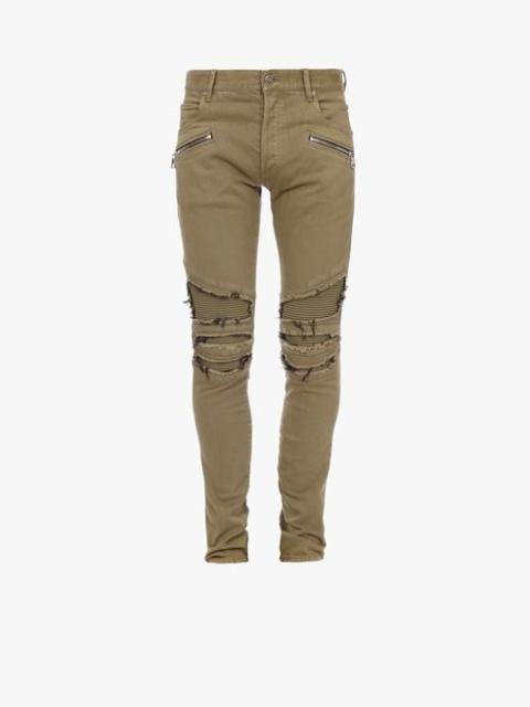 Balmain Slim-cut ripped khaki cotton jeans