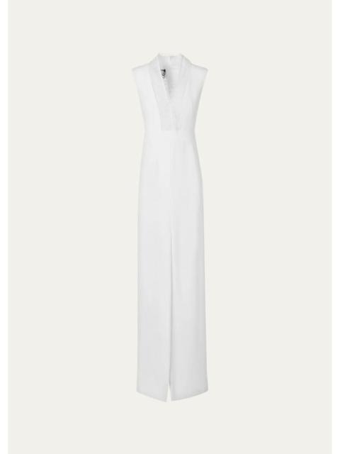 AKRIS Sleeveless Fringed Organza V-Neck Silk Crêpe Column Gown