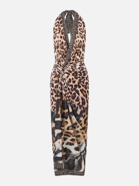 CAMILLA MESH HALTERNECK RUCHED MIDI DRESS LEOTIGRA LAND