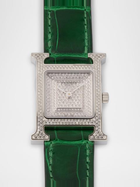 Hermès Heure H All Diamond Watch with Green Alligator Strap, 25 mm