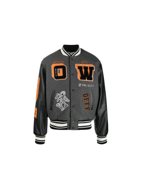 Off-White OFF-WHITE Patch Embellished Varsity Bomber Jacket Medium Grey Yellow Black
